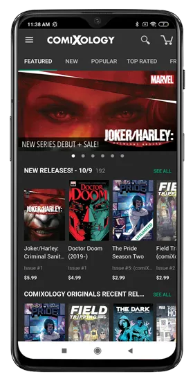 Dashboard von comixology android app zeigt Comicsammlungen an, die Sie kaufen können