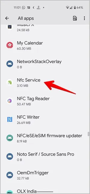 Android beállítások Alkalmazások Rendszer NFC szolgáltatás