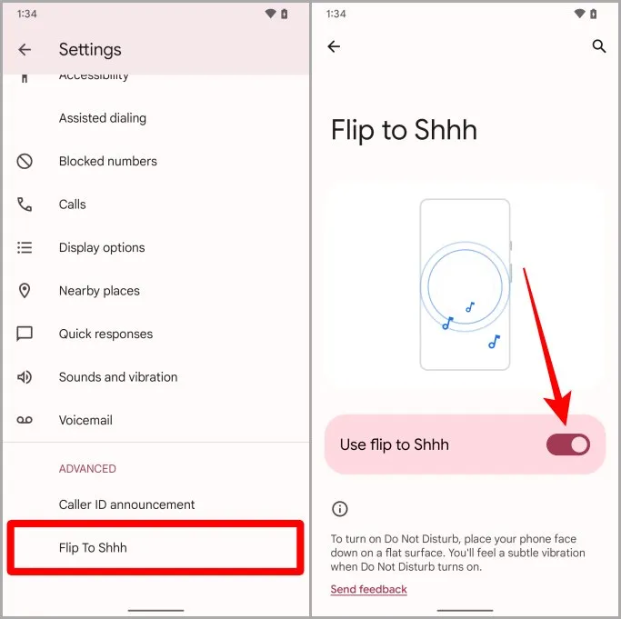 Отключение функции Flip to Shhh Pixel Android
