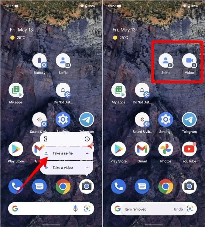 Atalhos da aplicação Google Camera no ecrã inicial