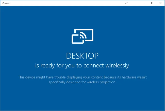 Het gebruik van de app Connect in Windows 10 toont een blauw scherm met wat informatie over het bureaublad dat klaar is om draadloos verbinding te maken.