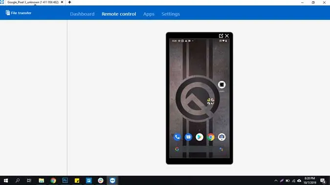 снимка на приложението Teamviewer, работещо на телефона, което предава екрана на компютъра