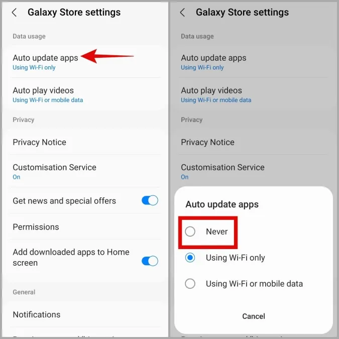 Förhindra att Galaxy Store uppdaterar appar på Samsung Phone