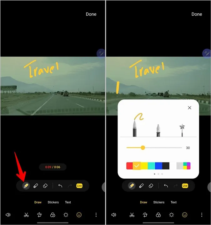 Samsung Edit Videos Doodle Αλλαγή λειτουργίας πένας