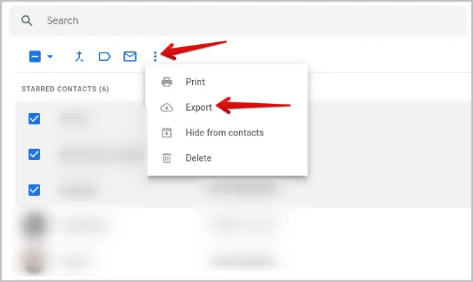 експортиране само на избрани контакти в Google contacts