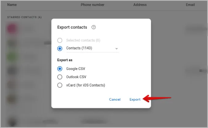 експортиране на контакти в Google CSV или Outlook CSV