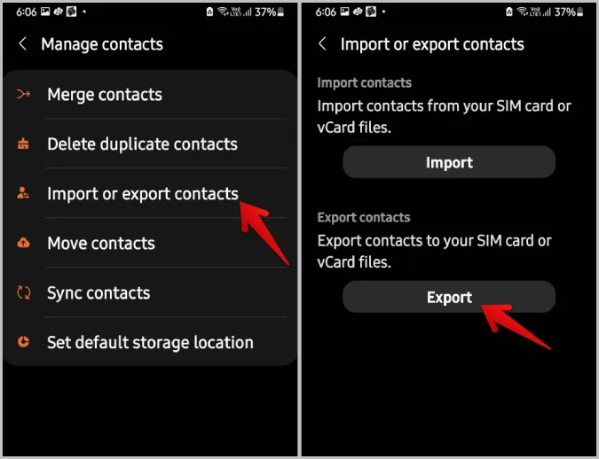 експортиране на контакти в приложението за контакти на Samsung