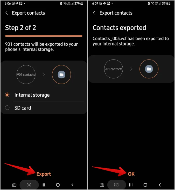 export kontaktů Samsung do interního úložiště nebo na kartu SD