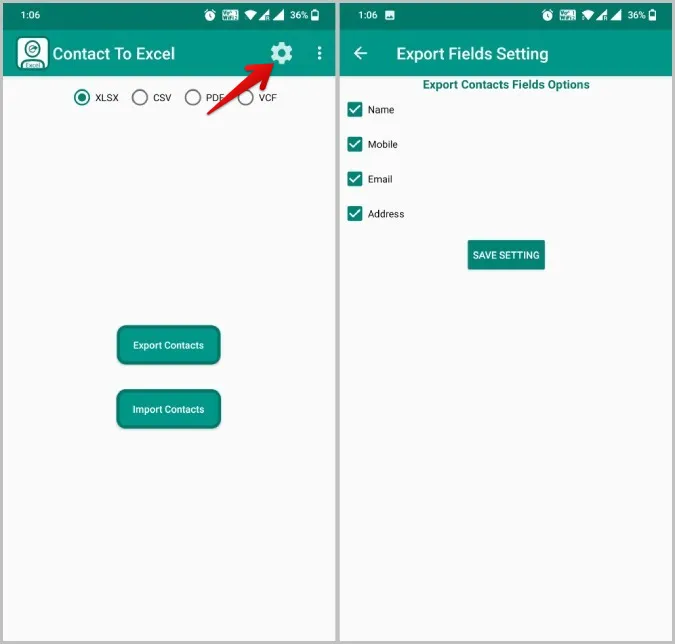 Öffnen der Einstellungen der Kontakte-zu-Excel-App