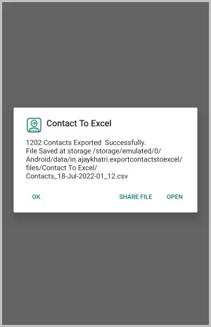 експортирани контакти от приложението за контакт към Excel