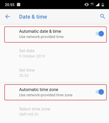 slå på automatisk dato og klokkeslett på Android