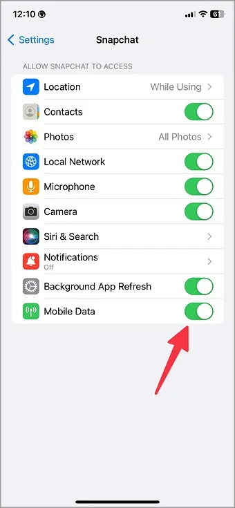 включите мобильные данные для Snapchat на iPhone