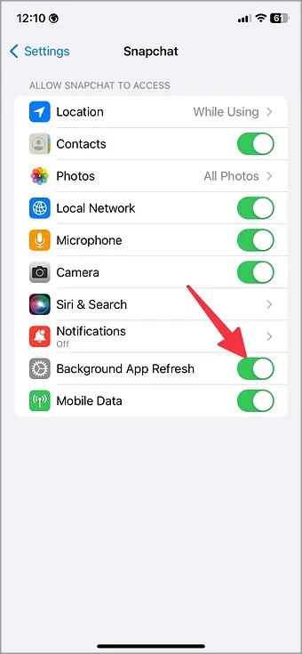 abilita il refresh dell'app in background per Snapchat su iPhone