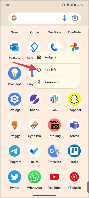 menu informativo dell'app Snapchat su Android