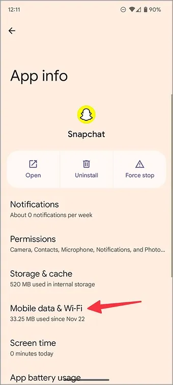 Android용 Snapchat 모바일 데이터 및 Wi-Fi