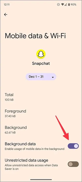 povolení neomezeného používání dat pro Snapchat v systému Android