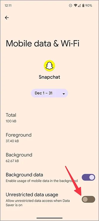 utilizzo illimitato dei dati per Snapchat su Android