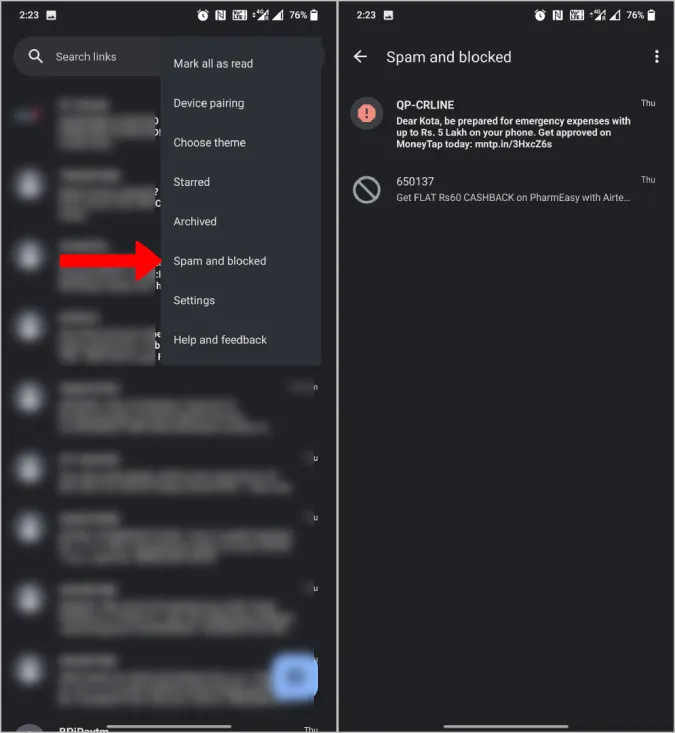 Заблокированные контакты в Android Messages