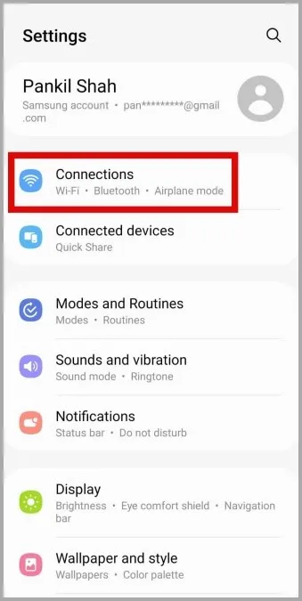 Menú Conexiones en Android