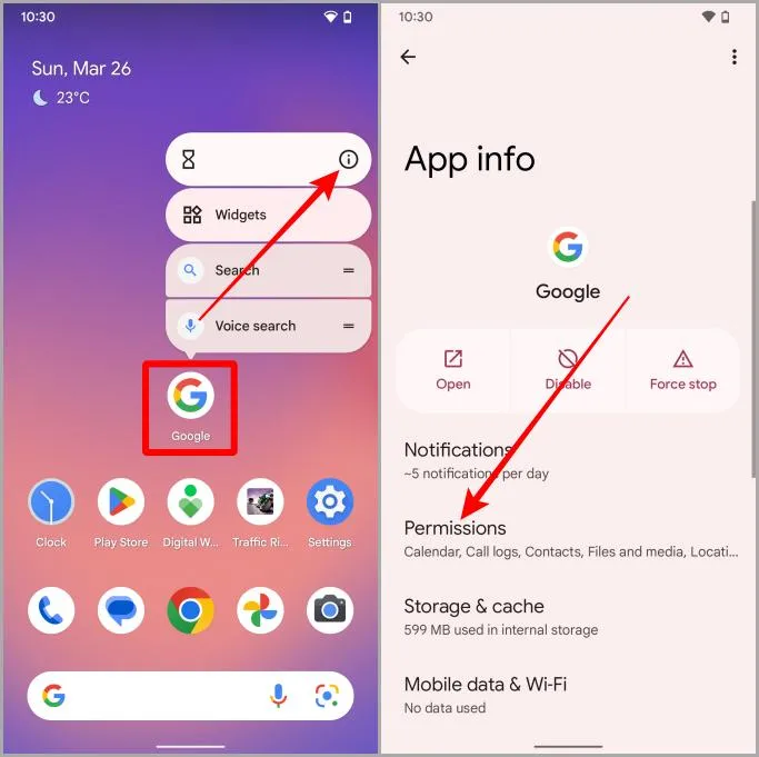 Google App app-info på Android