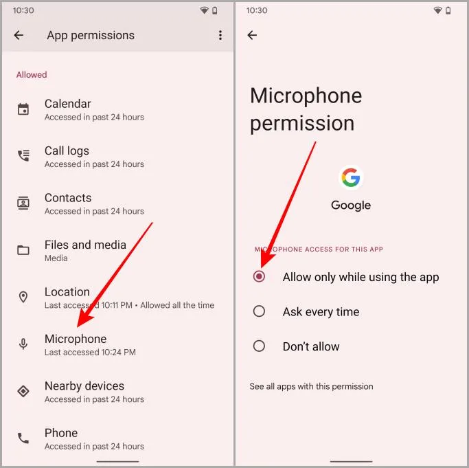 Разрешения микрофона приложения Google на Android