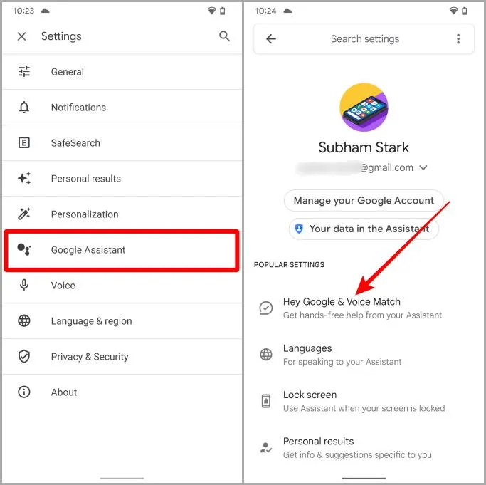 Indstillinger for Google Assistent på Android Pixel