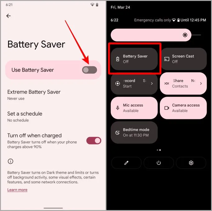 Vypnutí spořiče baterie v zařízení Android Pixel
