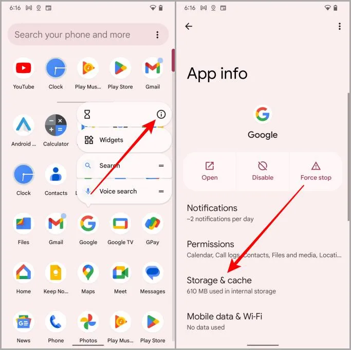 Google App -sovelluksen tiedot Android Pixel
