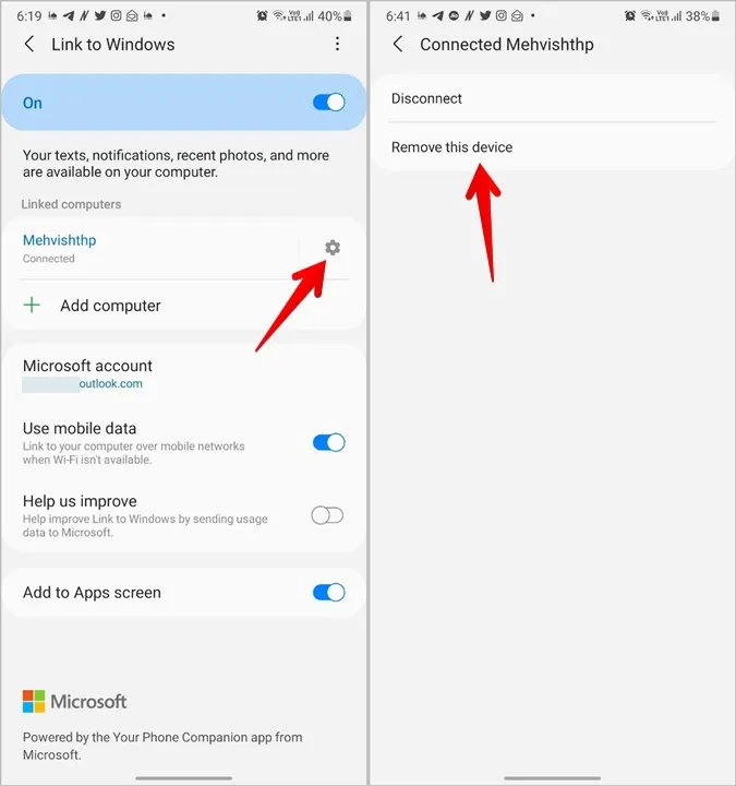 Windows Unlink Mobile bağlantısı