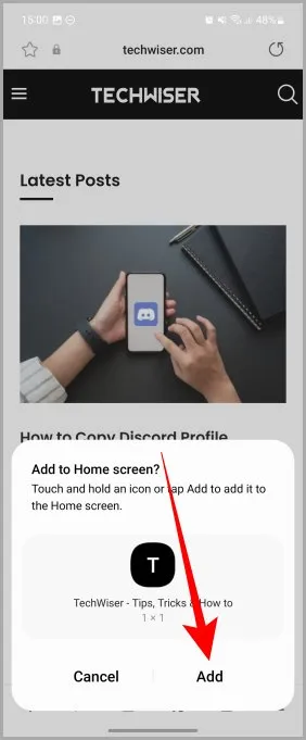 Opțiunea Adăugare la ecranul principal pe Samsung Browser