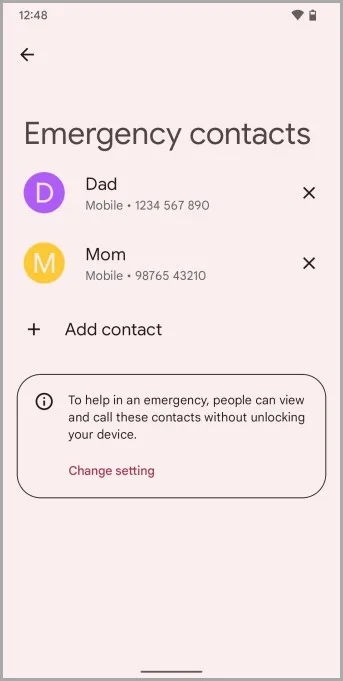 Contactos de emergencia guardados en teléfonos Pixel