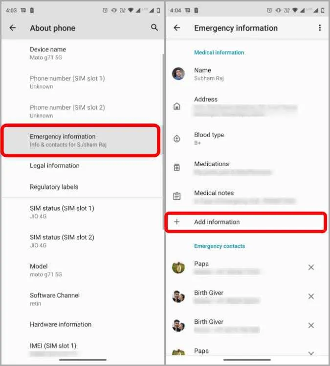 Añadir información de Emergencia en Android