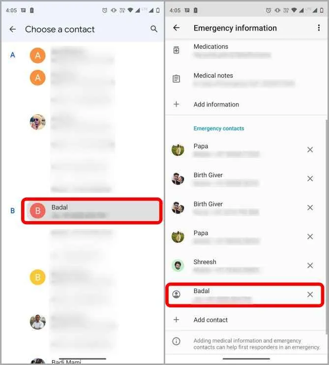 Elegir un contacto de emergencia en Android