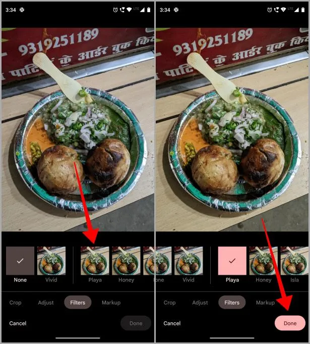 Použití filtru na fotografii koláže v aplikaci Fotky Google v systému Android