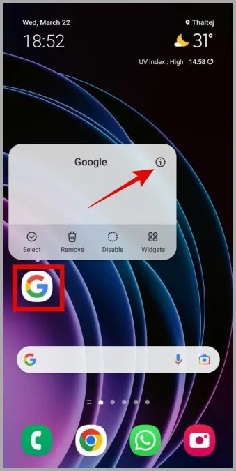 Открыть информацию о приложении Google на Android
