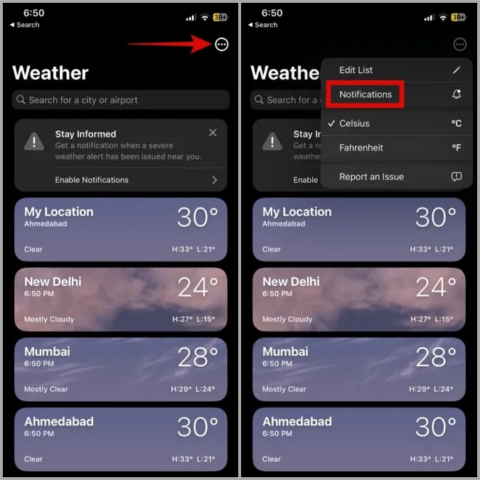 Уведомления погодного приложения на iPhone
