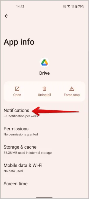 Notifications option on App info Android page