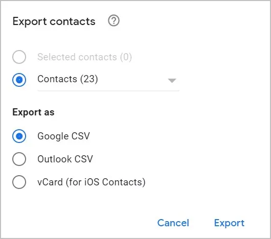 Контакты Экспорт Google CSV