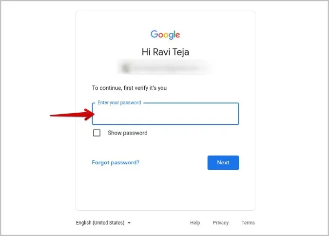 Ввод пароля Google