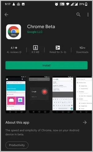 Chrome beta app en Play Store
