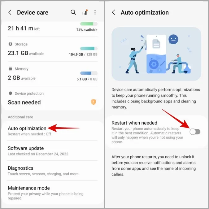 Automatikus akkumulátor-optimalizálás engedélyezése Samsung telefonon