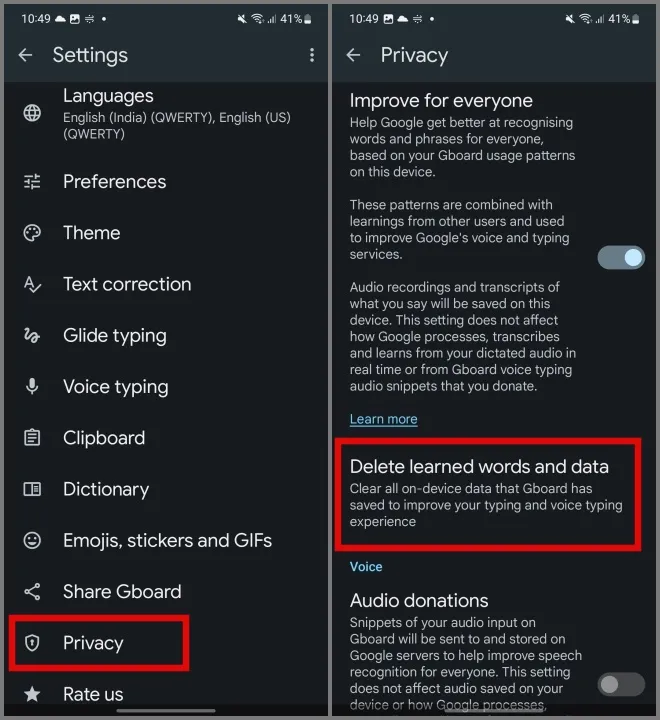 Paramètres de confidentialité de Gboard pour Android