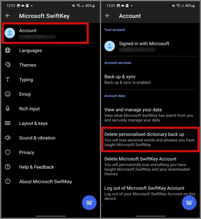 Ta bort säkerhetskopia av personlig ordbok från SwiftKey Android