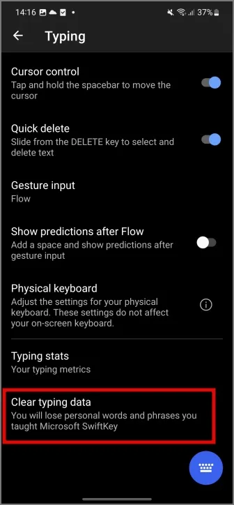 Effacer les données de frappe sur le clavier SwiftKey Android