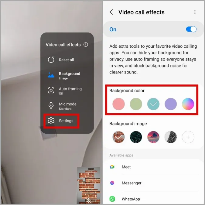Цвет фона видеозвонка на телефоне Samsung