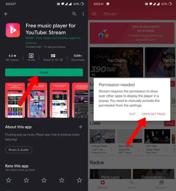 Använda Stream-appen för att spela Youtube Music-låtar
