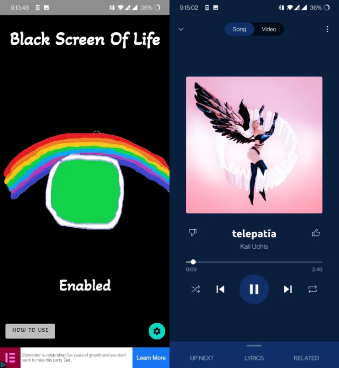 Lecture de YouTube Music avec Black Screen of Life