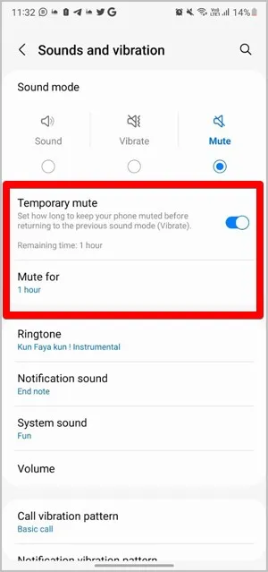 Samsung Настройки Временное отключение звука