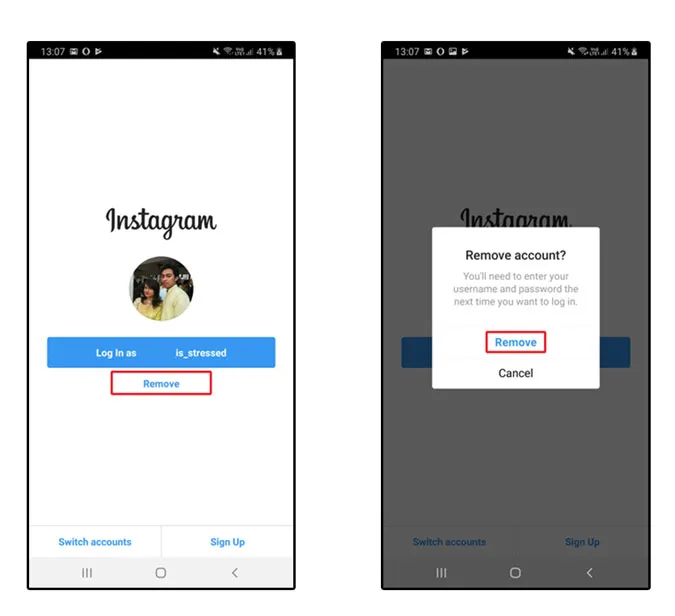 Egy képernyőkép az Instagram fiók eltávolításáról Androidon