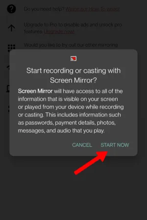 Iniciar a gravação ou a transmissão com o screen mirror